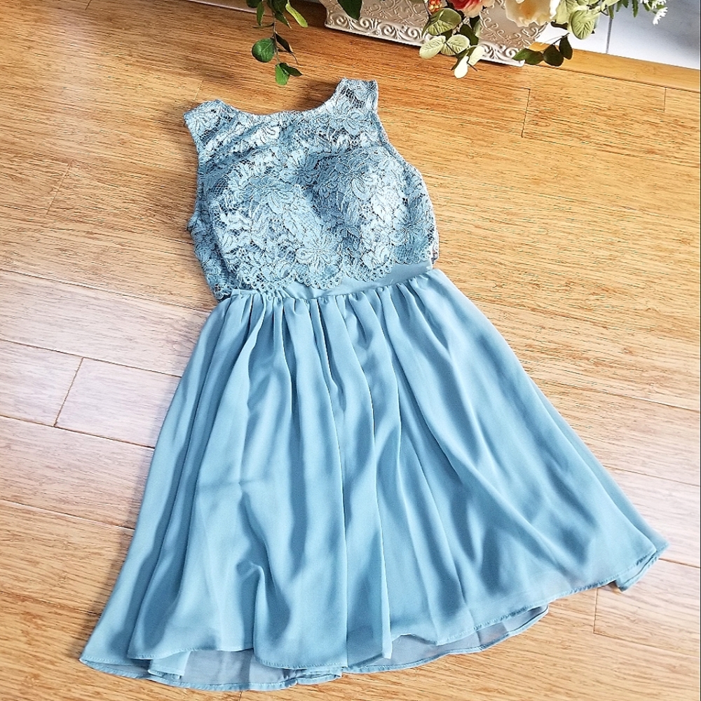 City Studio Teal Faux Two Piece Sparkly Lace Dress